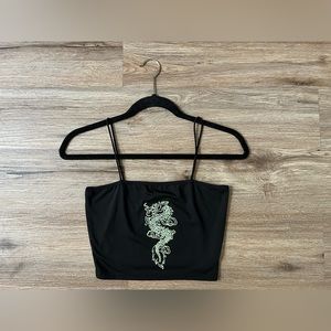 Size Small. Black Spaghetti String Crop Top with Dragon Design.